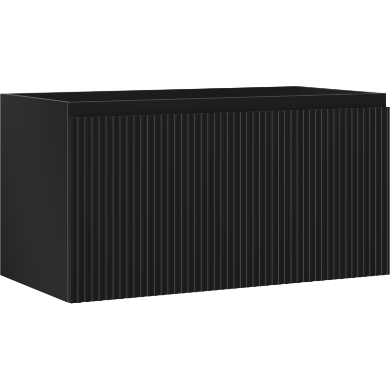 Servantskap 90 cm svart matt med riflet front, vist fra skrå vinkel med én synlig skuff.