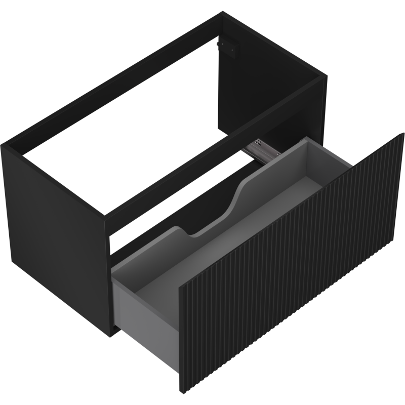 Servantskap uten vask 90 cm svart matt med åpen skuff, riflet front og innvendig utsparing.