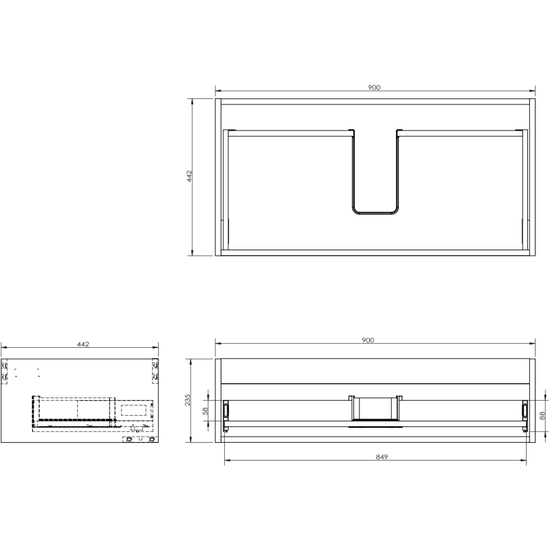 Servantskap til bad teknisk tegning av 90 cm eikeskuff med riflet front og U-formet utsparing.