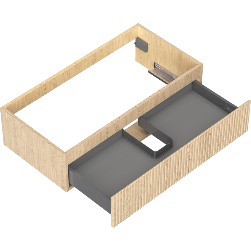 Servantskap uten vask i lyst eik med riflet front, én skuff og utsparing til rør, sett fra skrå vinkel.