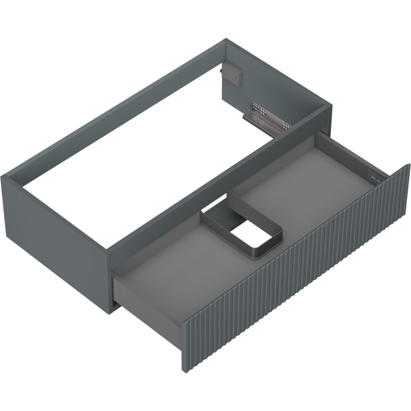 Servantskap uten vask 90 cm grafitt matt med rillet front og delvis åpen skuff, sett ovenfra.
