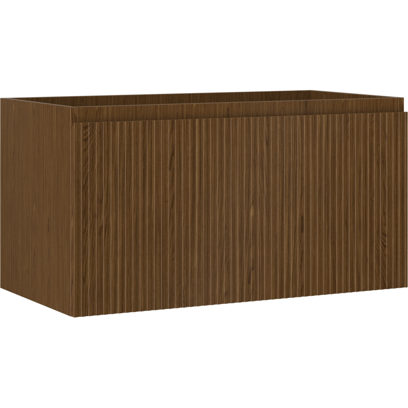 Servantskap 90 cm i valnøtt med riflet front og én skuff, sett skrått forfra.