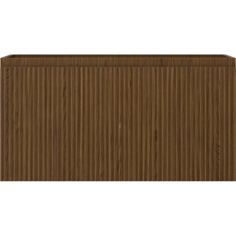 Underskap til servant i valnøtt med riflet front, sett rett forfra uten synlige håndtak.