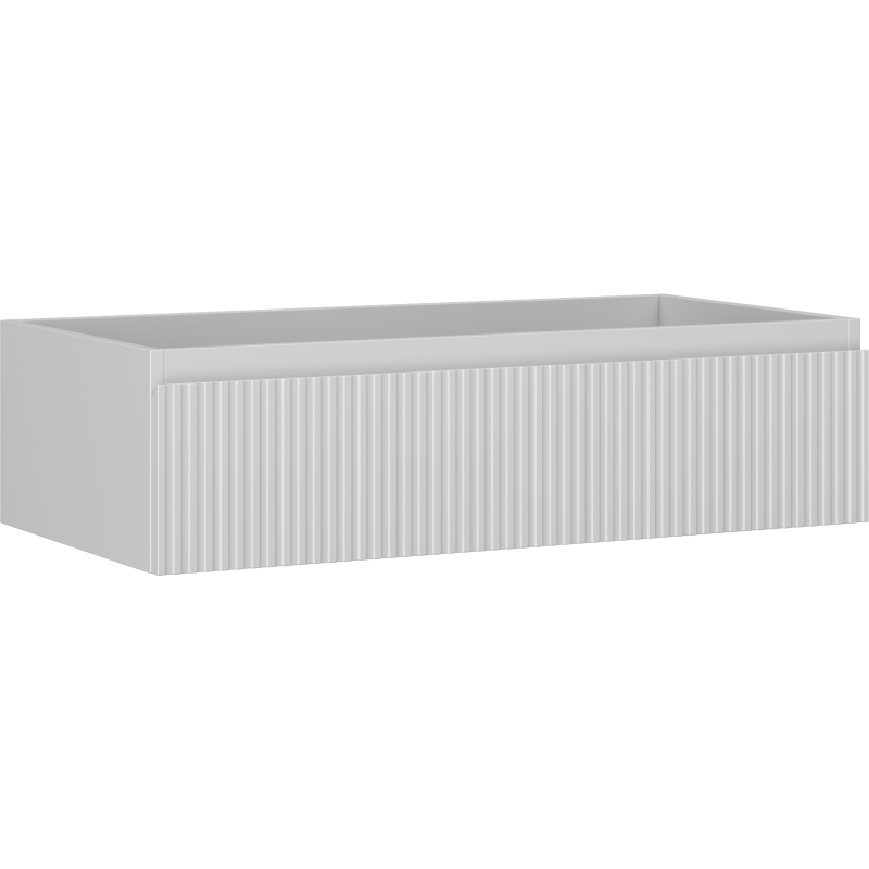 Servantskap 90 cm grå matt med én riflet skuff, vist fra skrått sideperspektiv.