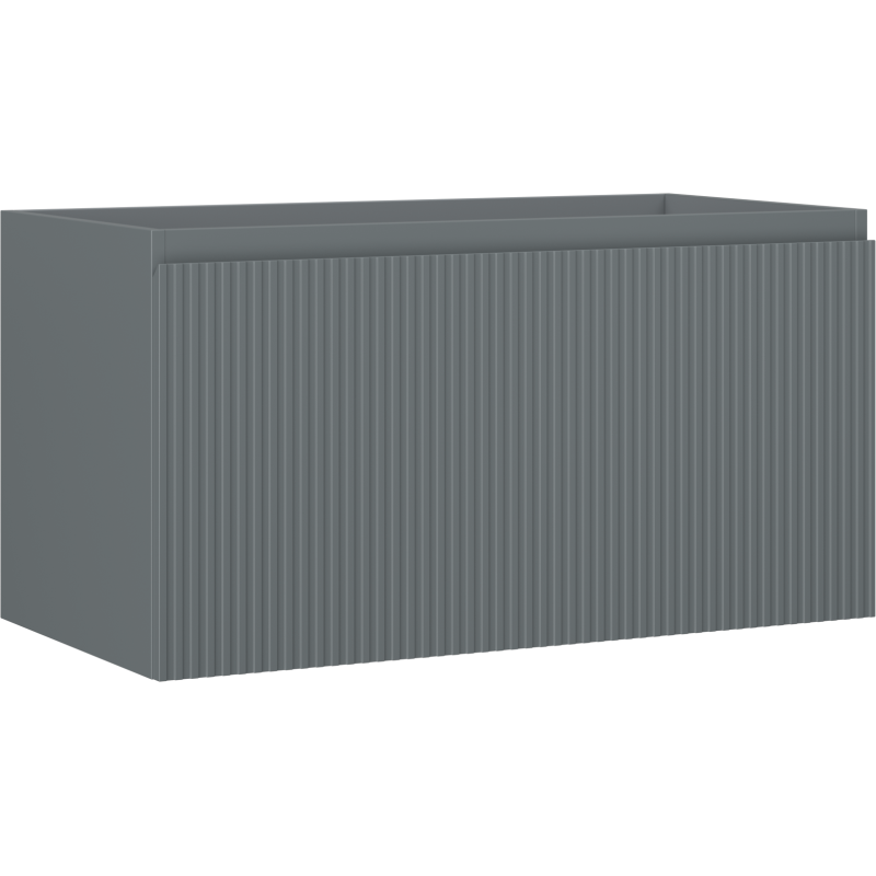 Servantskap 90 cm grafitt matt med vertikale riller og én skuff sett fra skrått frontperspektiv.