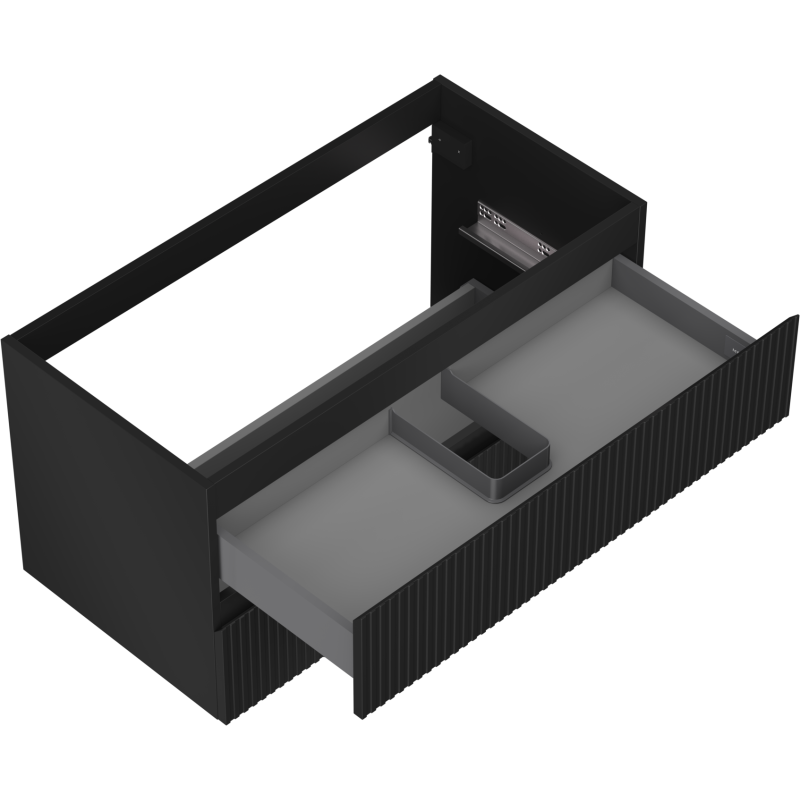 Servantskap uten vask i svart matt med to skuffer, åpnet øvre skuff og vertikale riller på fronten.
