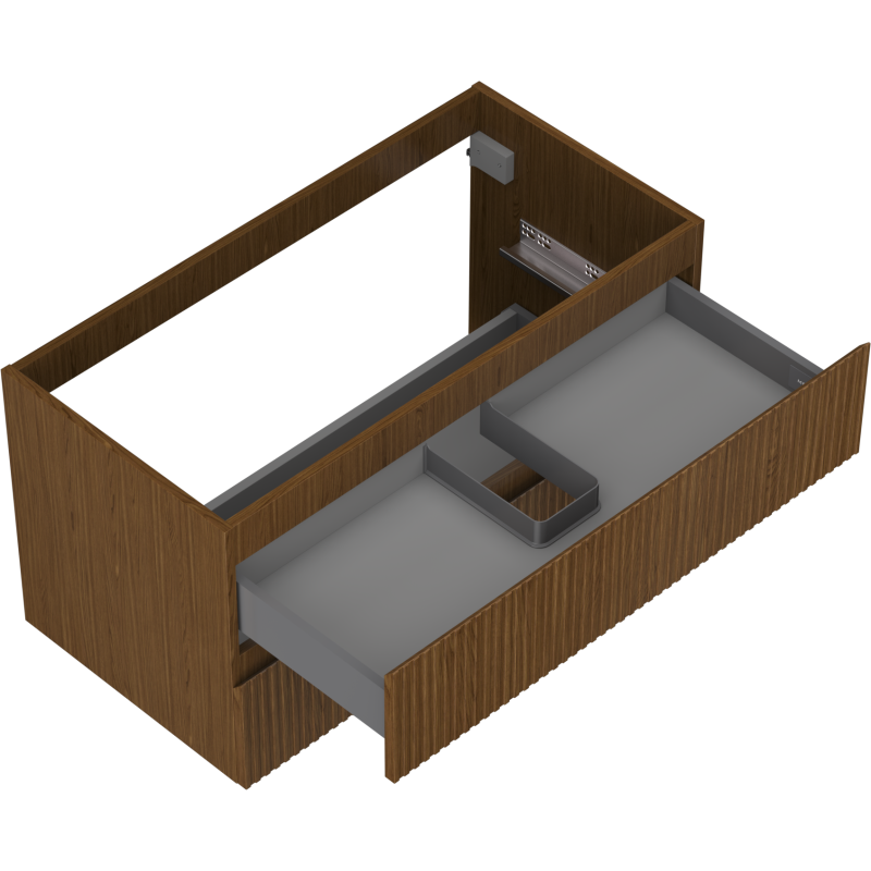Servantskap uten vask 90 cm valnøtt med to skuffer og riflet front sett i skrått fugleperspektiv.