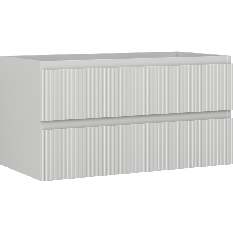 Servantskap 90 cm grå matt med to brede skuffer og vertikale rifler, sett fra skrå vinkel.
