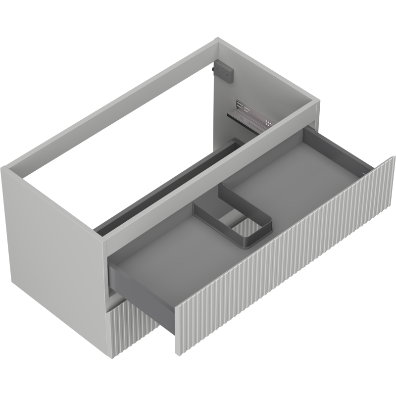 Servantskap uten vask 90 cm grå matt med riflet front og stor uttrekkbar skuff, vist fra skrå vinkel.