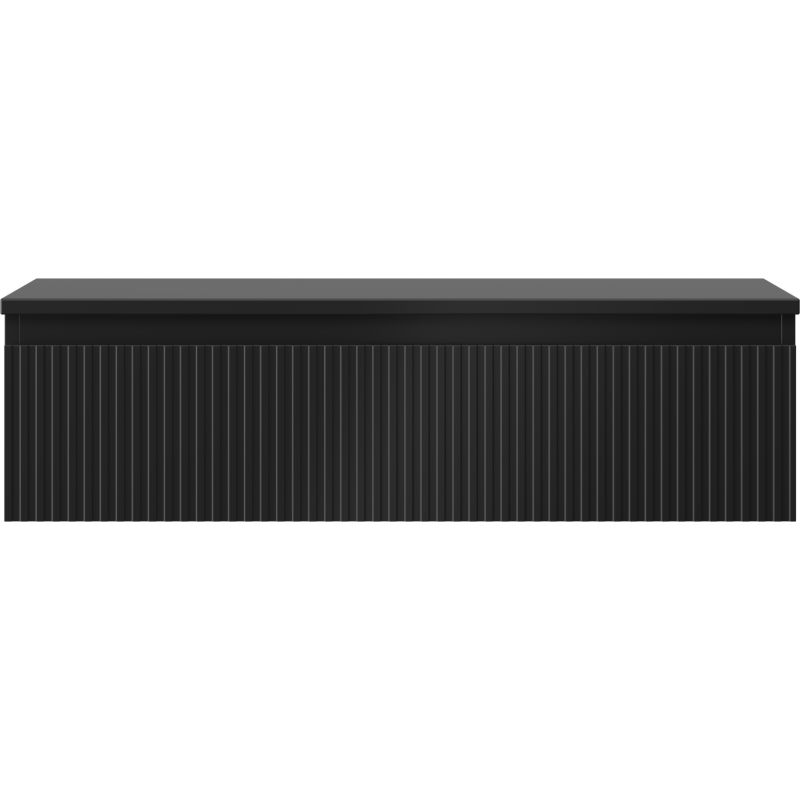 Underskap til servant svart plastboks med glatt lokk og vertikale riller, sett rett forfra.