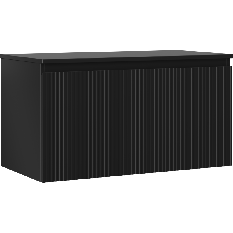 Servantskap 90 cm Mexen Rivel i svart matt med én skuff og vertikale riller, sett skrått forfra.