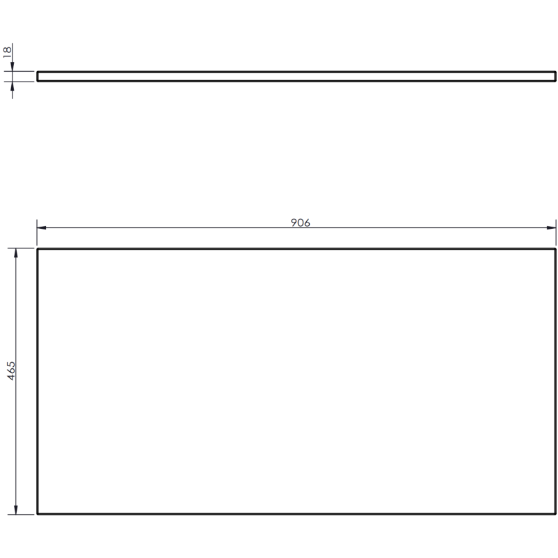Underskap til servant teknisk tegning med mål 906x465x18 mm, sett fra siden og ovenfra.
