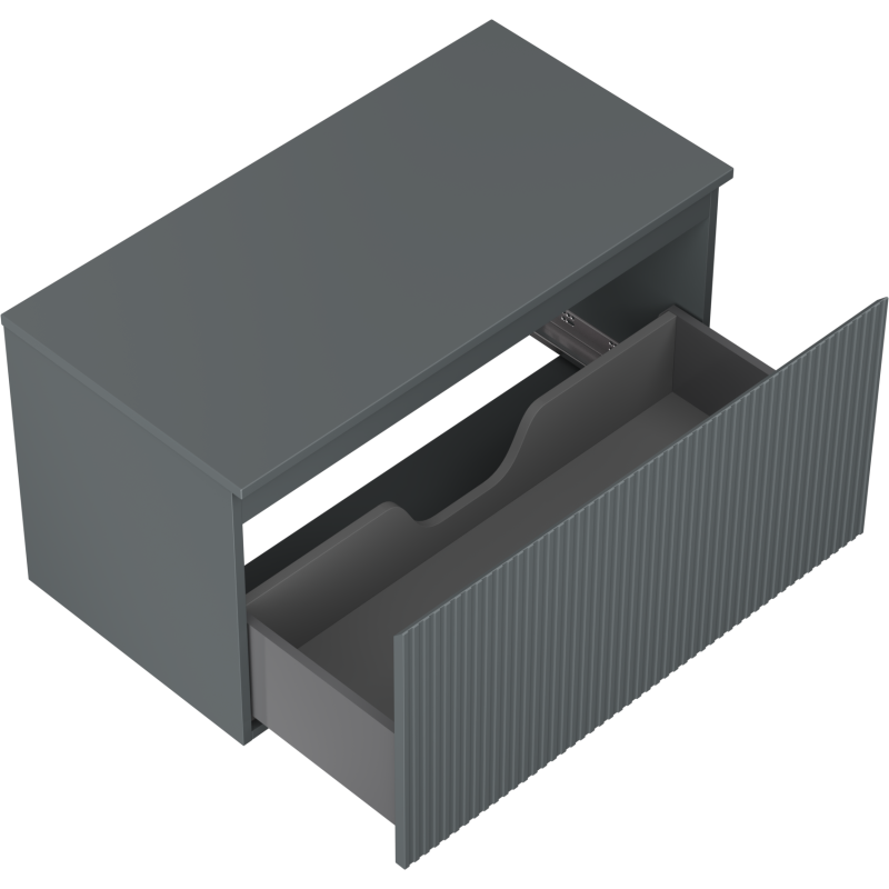 Servantskap uten vask 90 cm grafitt matt med én åpen riflet skuff og synlig inndeling.