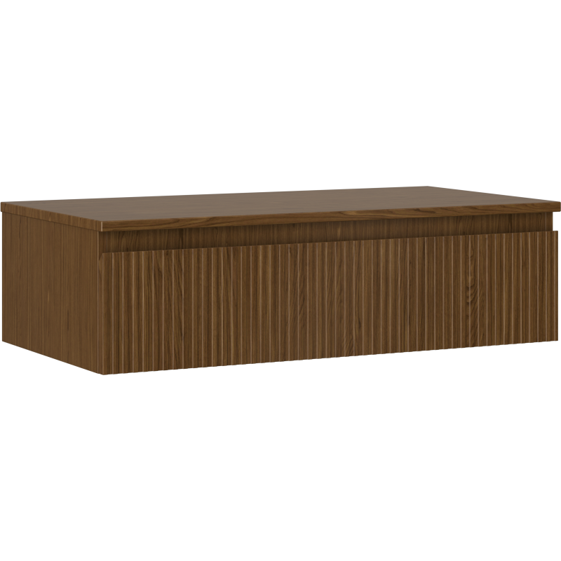 Servantskap 90 cm i valnøtt med riflet front og én skuff, sett fra skrå vinkel.