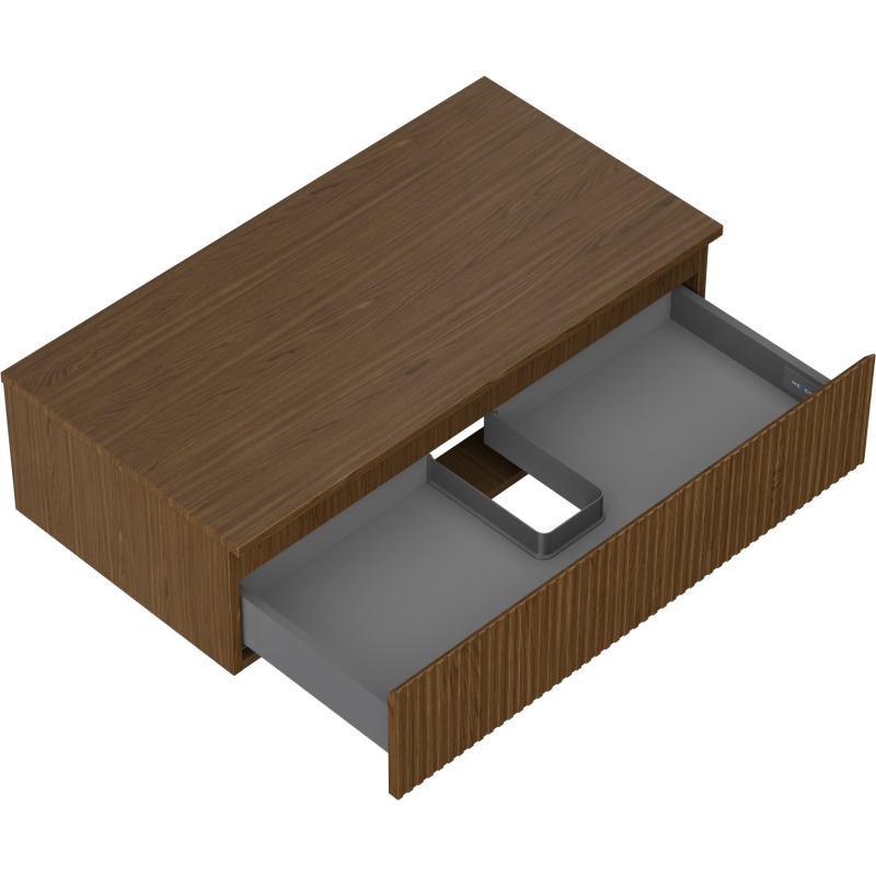 Servantskap uten vask 90 cm i valnøtt med åpen skuff, grå inndeling og U-formet utsparing.