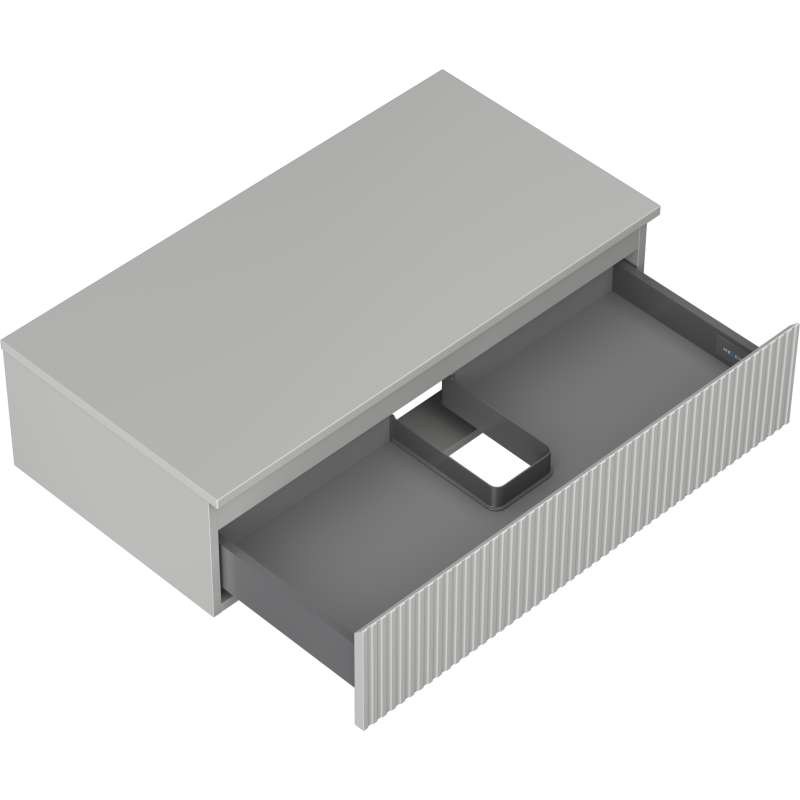Servantskap uten vask grå matt 90 cm med én åpen skuff og riflet front, sett skrått ovenfra.