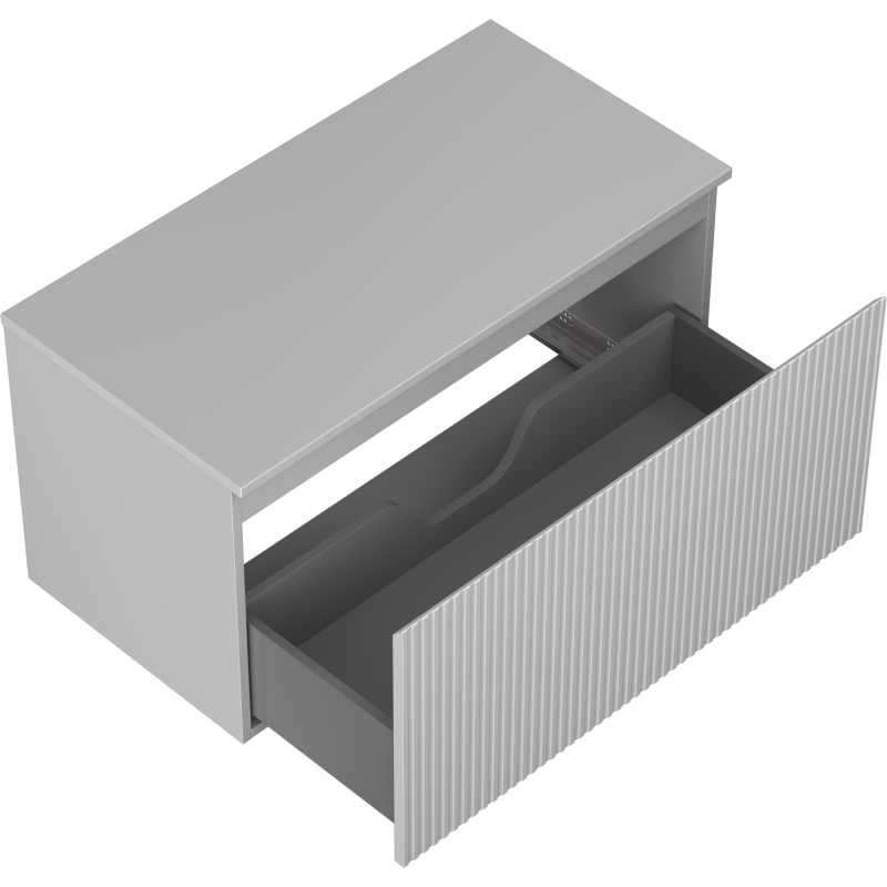 Servantskap uten vask 90 cm grå matt med én stor, riflet skuff trukket ut og mørk innside med avdeler.