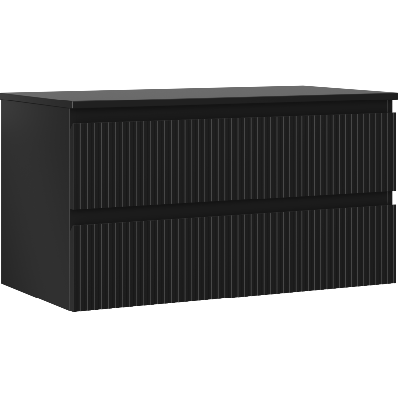 Servantskap 90 cm svart matt med to skuffer og riflet front, sett fra skrå vinkel.