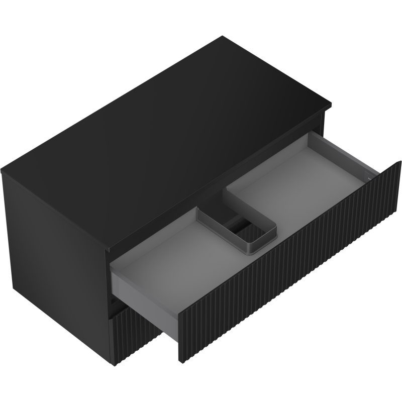 Servantskap uten vask svart matt Mexen Rivel med åpen skuff og riflet front, sett skrått ovenfra.