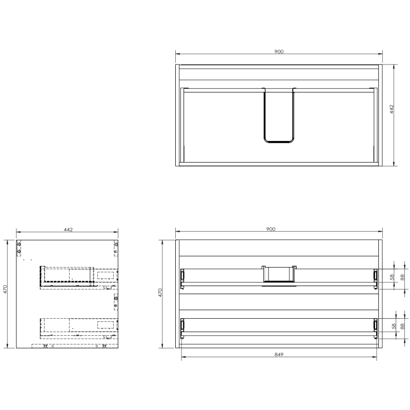 Servantskap teknisk tegning av svart matt Mexen Rivel 90 cm med to skuffer og riflet front.
