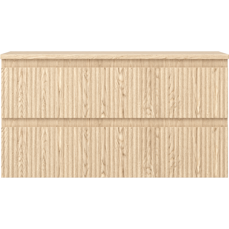 Underskap til servant i eik med to skuffer, riflet front og markert horisontal håndtakslist.