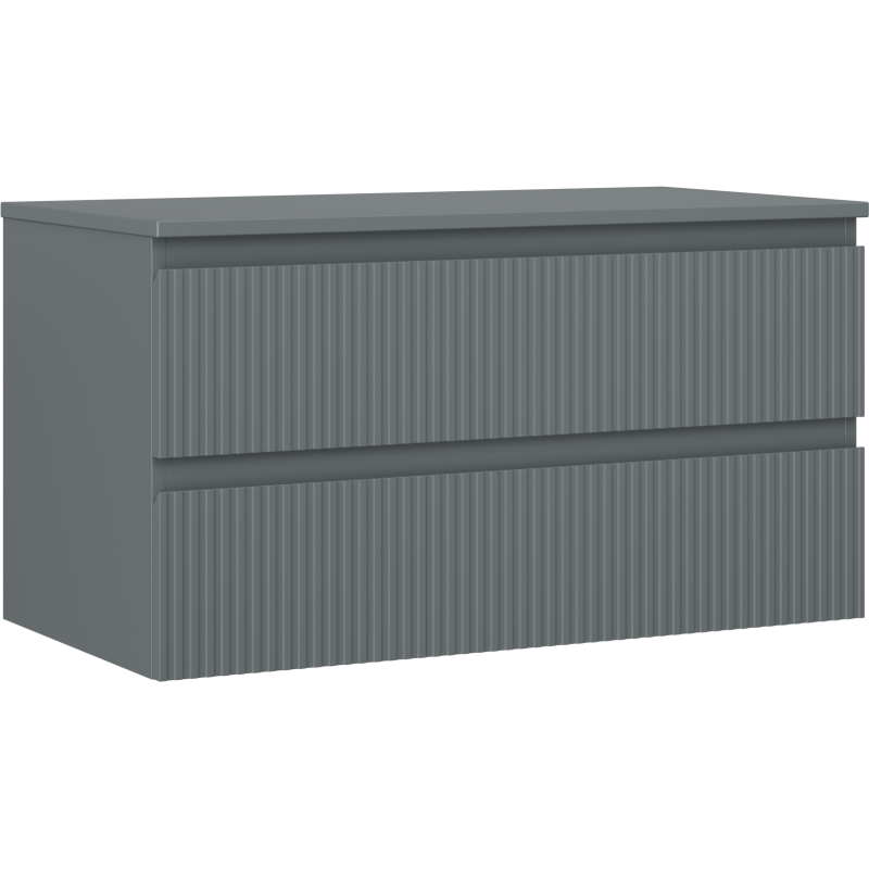 Servantskap 90 cm grafitt matt med to brede skuffer og rillete fronter, sett skrått forfra.