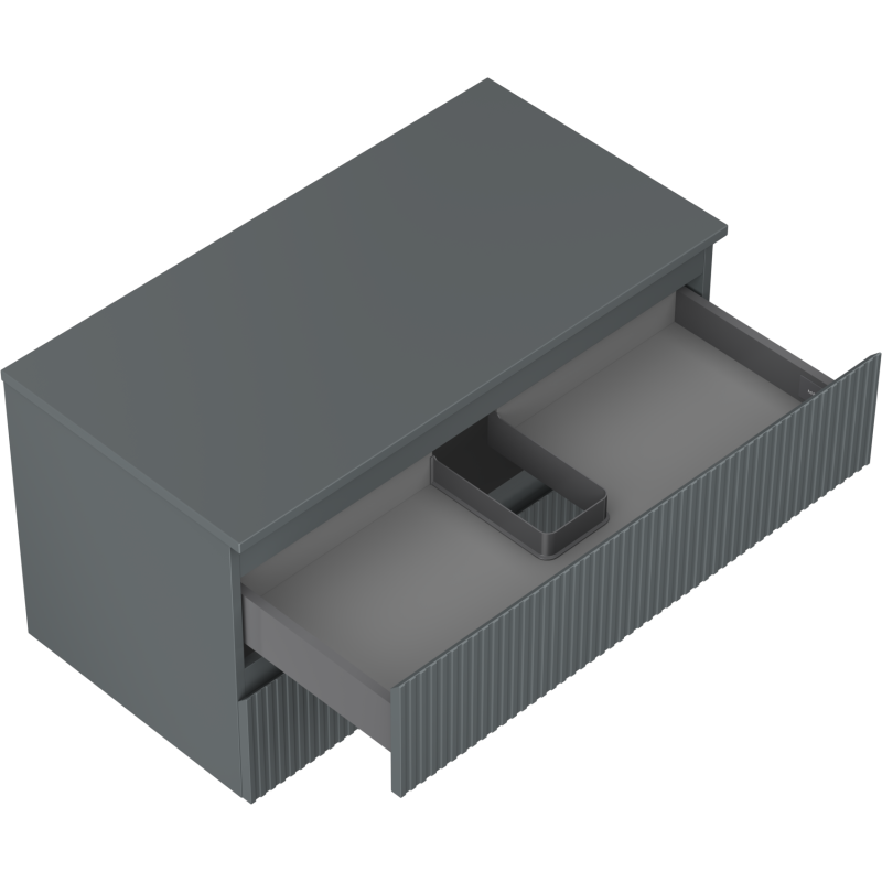 Servantskap uten vask grafitt matt 90 cm med vertikale riller og stor skuff, sett skrått ovenfra.