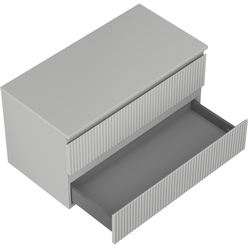 Servantskap til bad i lysgrå matt med riflet front, to skuffer og nederste skuffe trukket ut.