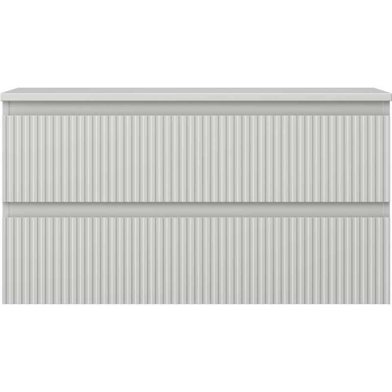 Underskap til servant 90 cm grå matt med to skuffer og riflet front, sett rett forfra.