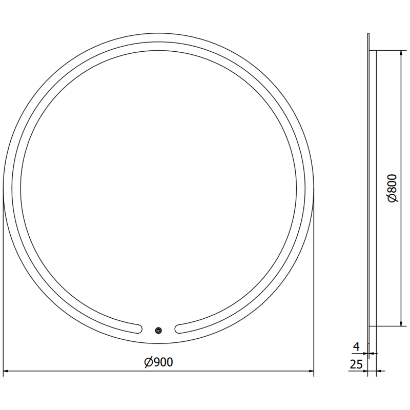 Speil med lys rundt 90 cm LED Mexen Rose teknisk tegning med mål i diameter og tykkelse.