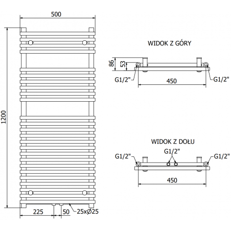 Håndkletørker Sol 1200 x 500 mm, 600 W, Antrasitt