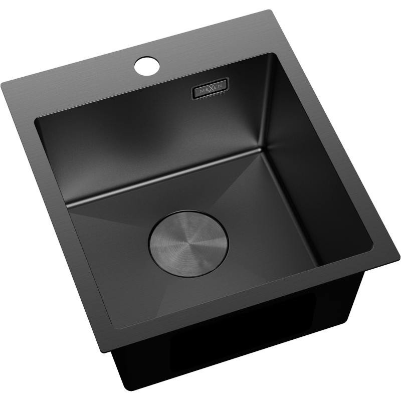 Stål Kjøkkenvask Mexen Solix svart 400 x 450 mm sett ovenfra med børstet bunn og batterihull.