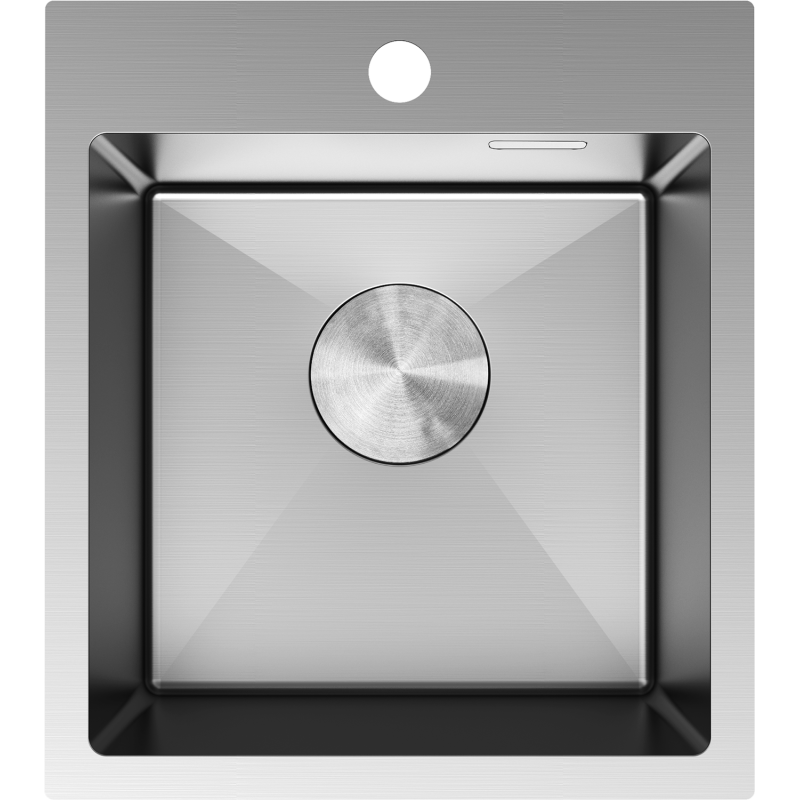 Kjøkkenvask i stål 400 x 450 mm sett ovenfra med bunnventil og synlig boremål for blandebatteri.