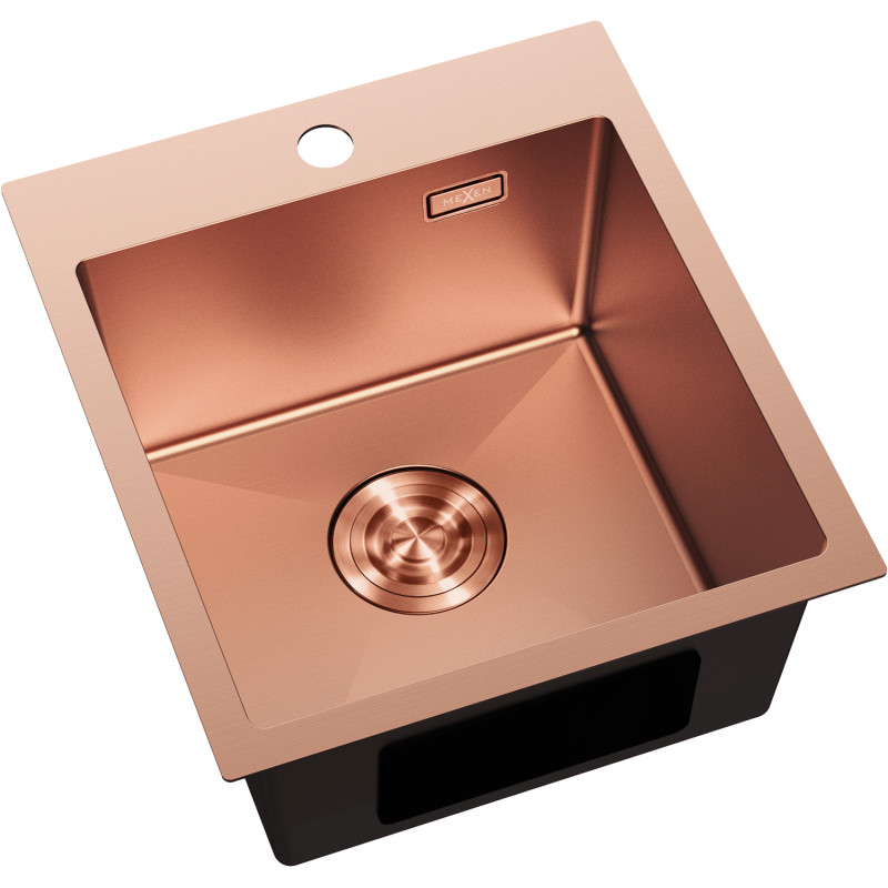 Kjøkkenvask Rustfritt Stål Mexen Solix 400 x 450 mm i børstet kobber, sett fra skrå vinkel ovenfra.
