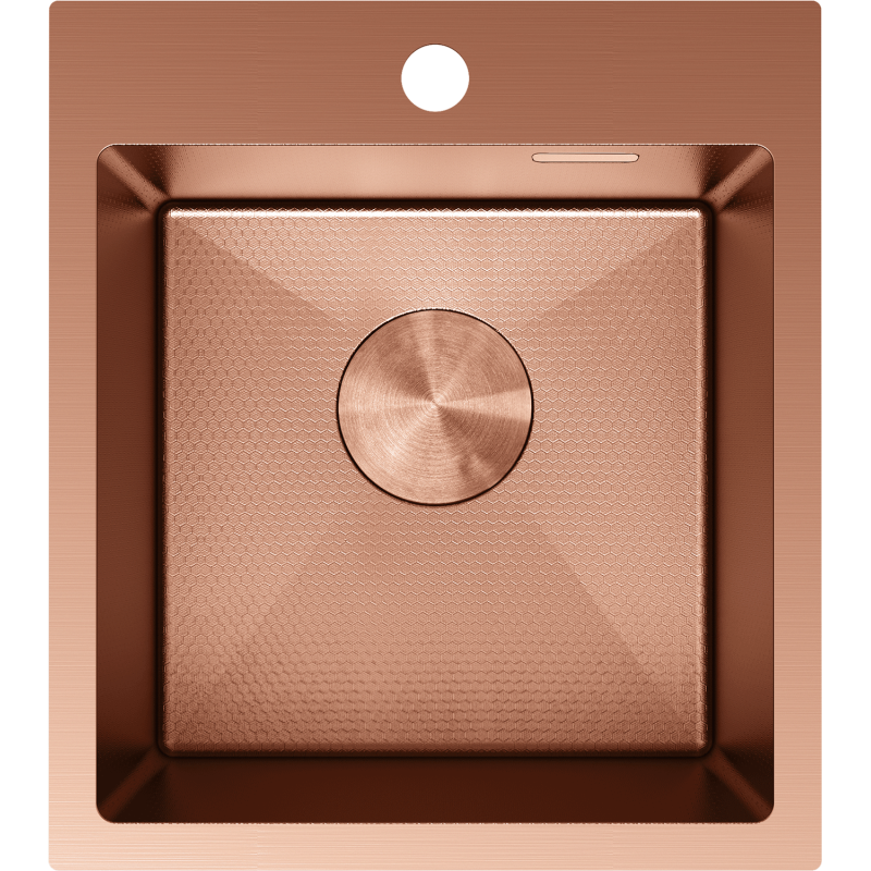 Kjøkkenvask i stål Mexen Solix 400 x 450 mm i børstet kobber med sentrert avløpslokk.