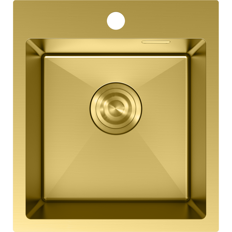 Stålvask Mexen Solix 400 x 450 mm i børstet gull, sett ovenfra med sentrert avløp og hull for blandebatteri.