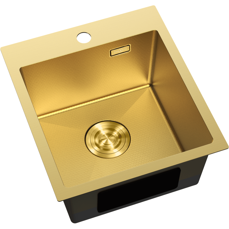 Kjøkkenvask Rustfritt Stål Mexen Solix 400 x 450 mm i børstet gull med rund avløpsrist.