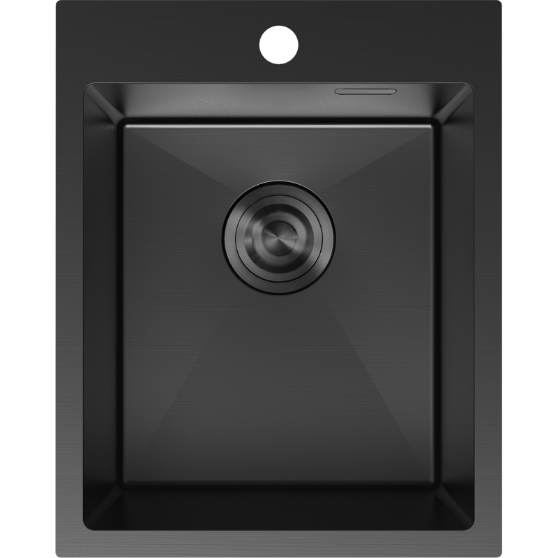 Stålvask Mexen Solix svart 400 x 500 mm sett ovenfra med avrundet avløp og armaturhull.