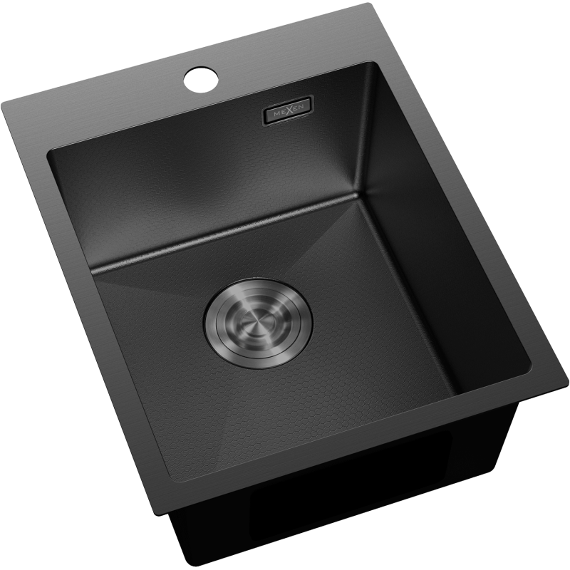 Kjøkkenvask Rustfritt Stål svart Mexen Solix 400 x 500 mm sett ovenfra med matt finish og armaturhull.