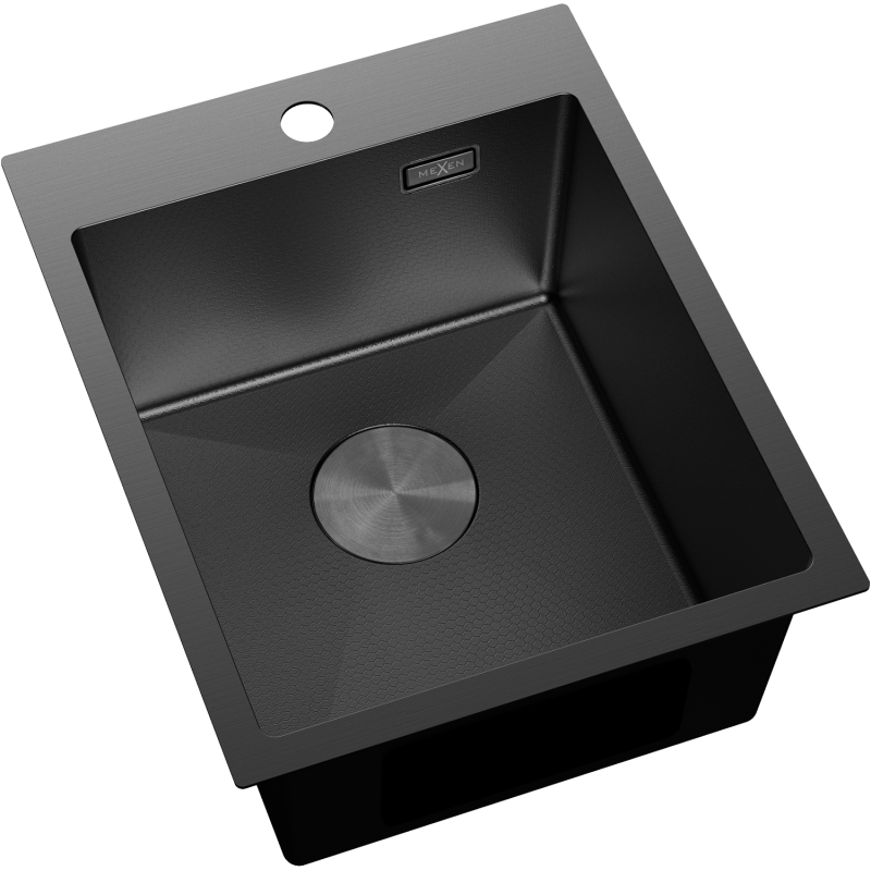 Stål Kjøkkenvask svart firkantet Mexen Solix 400x500 mm sett ovenfra med matt tekstur og sentrert avløp.