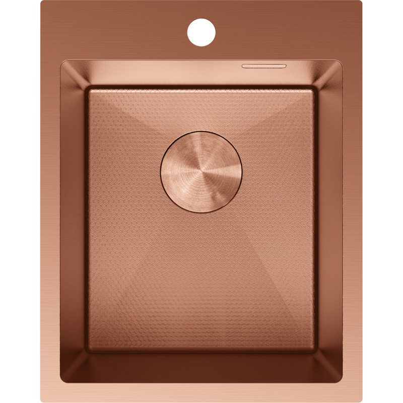 Kjøkkenvask i stål Mexen Solix 400 x 500 mm i kobber, sett ovenfra med midtstilt avrundet avløp.
