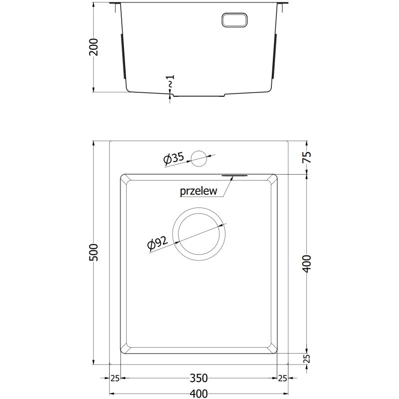 Kjøkkenvask i stål teknisk tegning med målangivelser for Mexen Solix 400 x 500 mm, 1 kum.