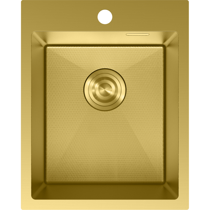 Stålvask Mexen Solix 400 x 500 mm i gull sett ovenfra med rund avløp og hull til blandebatteri.