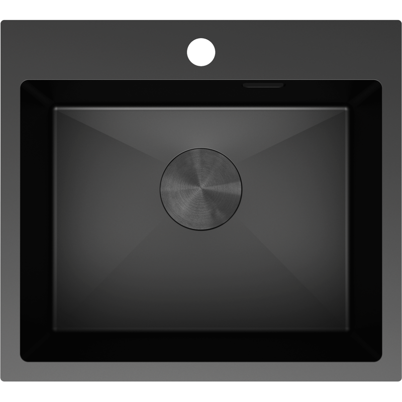 Kjøkkenvask i stål 500 x 450 mm, svart, sett ovenfra med rund avløpssikt og hull til armatur.