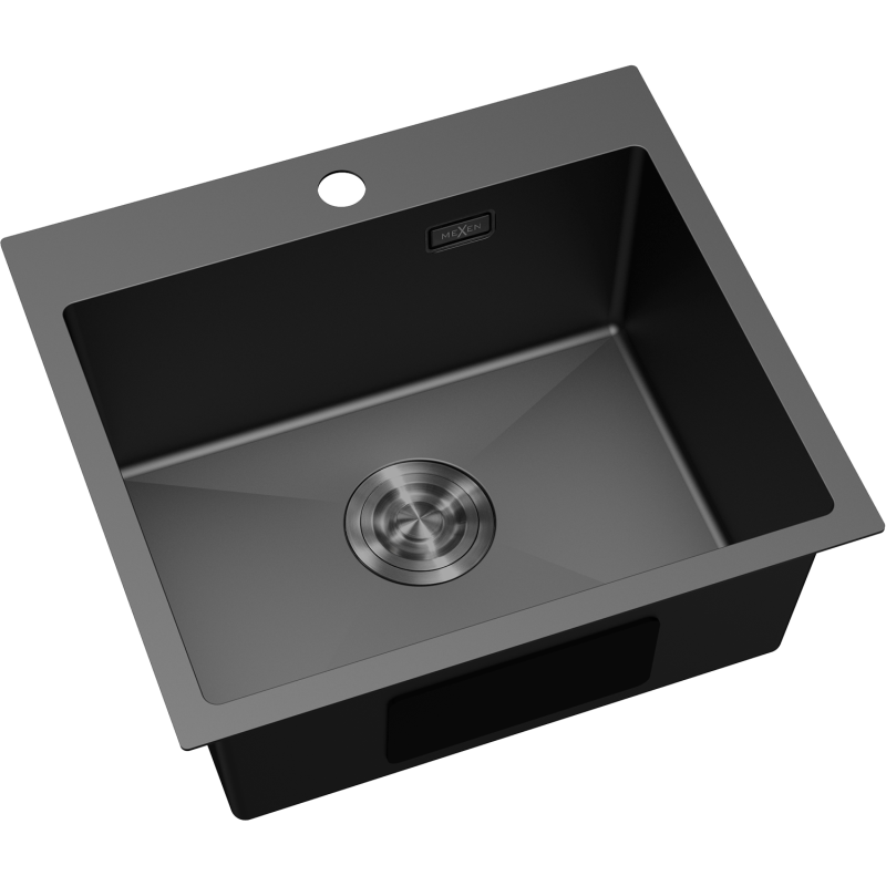 Kjøkkenvask Rustfritt Stål Mexen Solix svart 500x450 mm med rund armaturåpning og avrundet avløp.