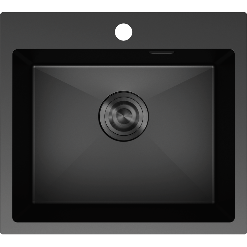 Stålvask Mexen Solix svart, firkantet med matt finish, sett ovenfra med synlig avløp og hull til blandebatteri.