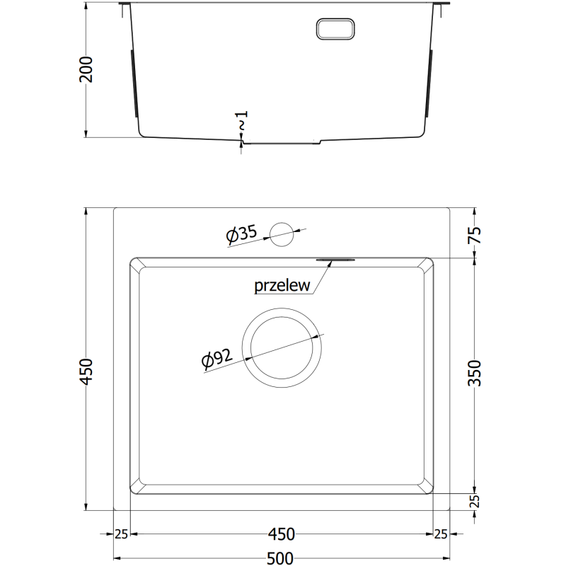 Kjøkkenvask i stål teknisk tegning med mål, 1 kum, overløp og kranhull, Mexen Solix 500 x 450 mm.