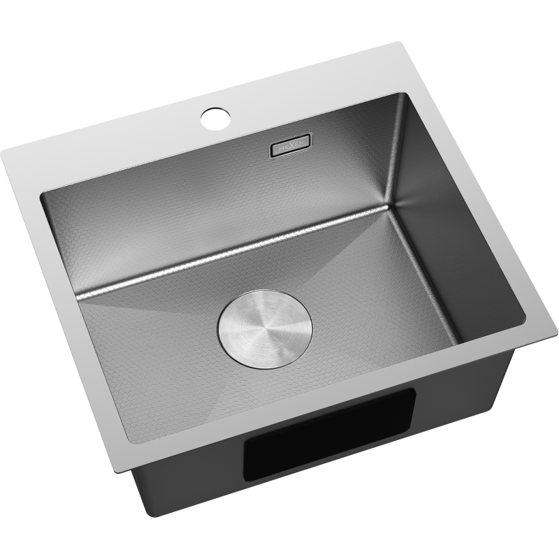 Stål Kjøkkenvask Mexen Solix rektangulær, sett ovenfra med rundt avløp og preget innside.