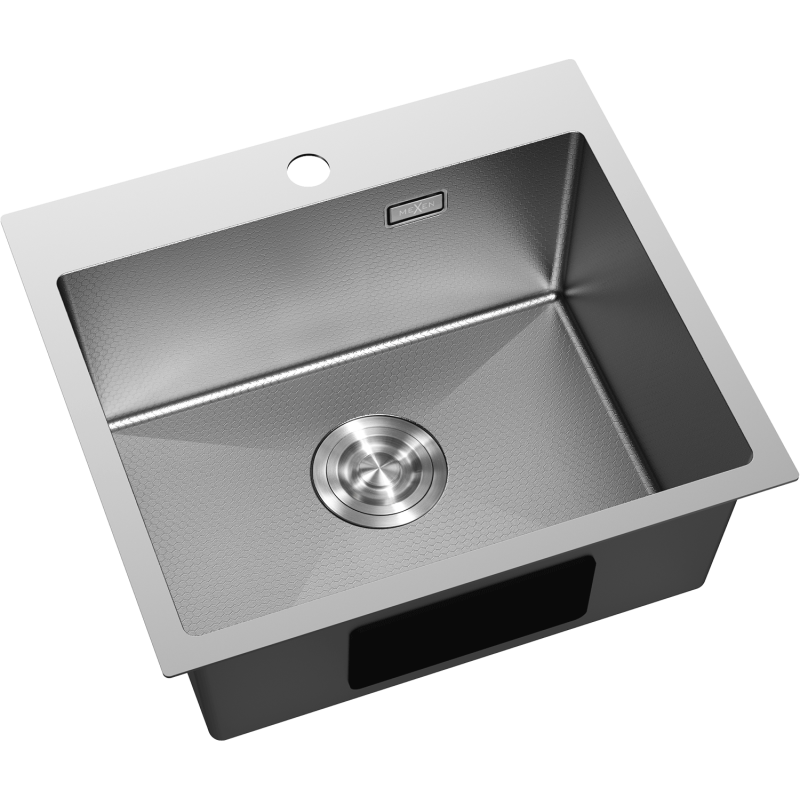 Kjøkkenvask Rustfritt Stål firkantet Mexen Solix sett ovenfra med overløpshull og dreneringssystem.