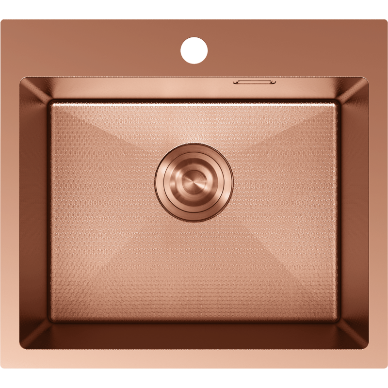 Stålvask Mexen Solix i børstet kobber med sekskantet mønster og sentrert avløp, sett ovenfra.